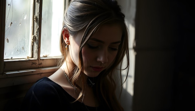 Thoughtful young woman with a somber expression looking down near a dimly lit window isolated with