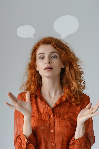 Photo thoughtful young woman with speech bubbles above her head looking up with a thoughtful expression