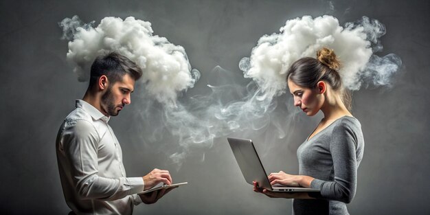 Thoughts concept Male female body of model with head full of smoke clouds using laptop no emotions mechanic mental intelligence