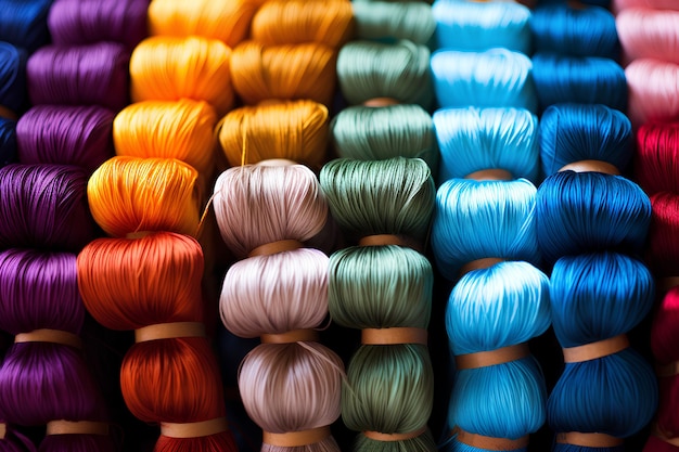 thread in many different colors piled up and ready to be used into yarn