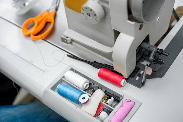 Thread, scissors and sewing machine