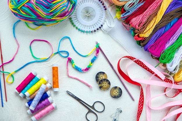 Threads and accessories for sewing and knitting Selective focus