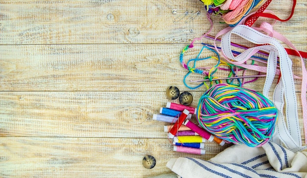 Threads and accessories for sewing and knitting Selective focus