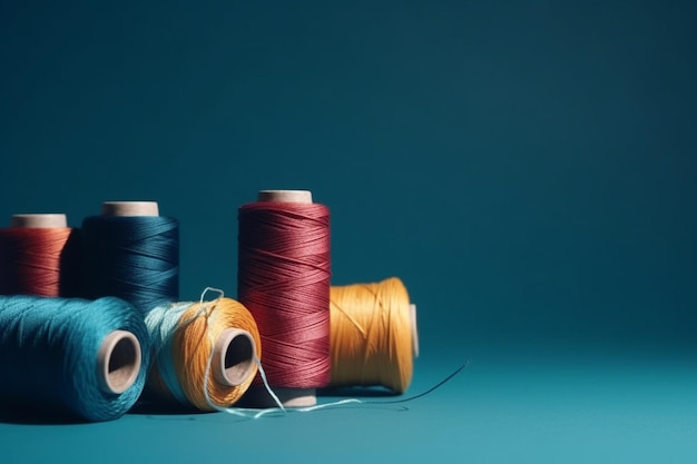 Threads of different colors on a blue background