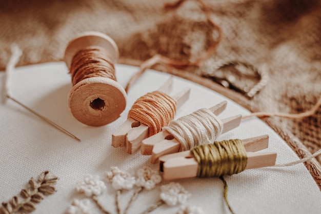 Threads wooden hoop on the background of old fabric burlap