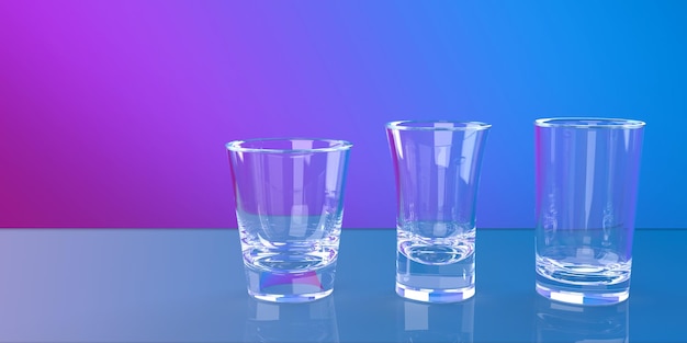 Three 3 Different Shooter or shot glasses in a row 3d rendered on a colorful party background