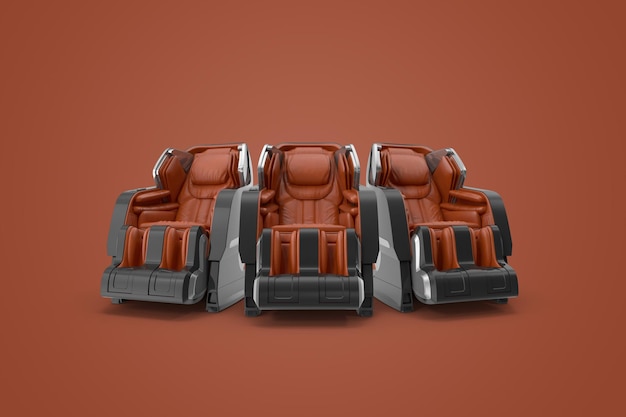 Three 3D rendering brown massage armchair on the isolated brown background.