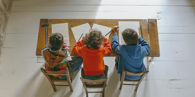 Photo three 812yearold children sitting at a desk in an empty white room drawings with colored pencils bir