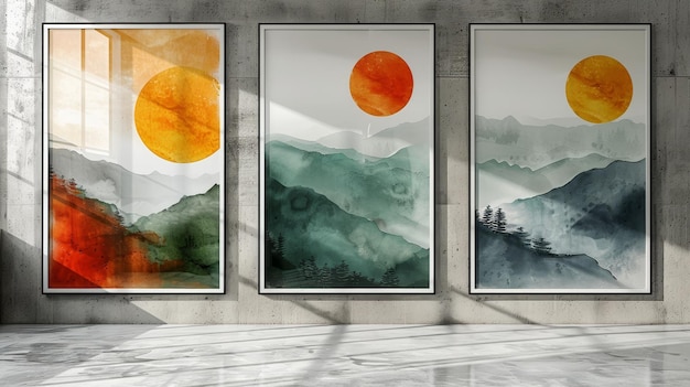 Photo three abstract paintings with red and black circles and white background