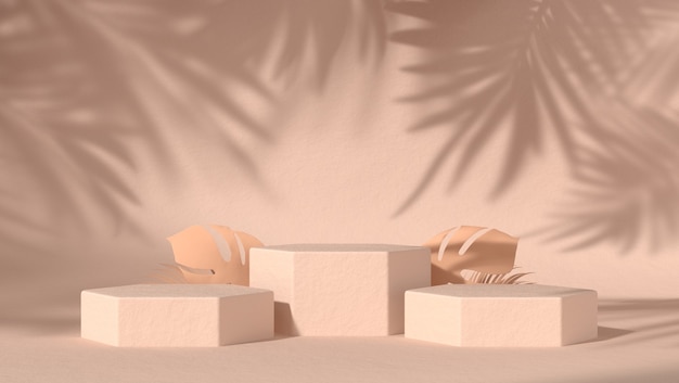 Three Abstract podium for cosmetic product placement in natural background