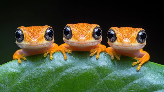 Three Adorable Baby Lizards on a Green Leaf