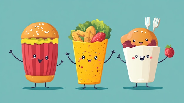 Photo three adorable cartoon fast food characters a burger a wrap and a fried chicken