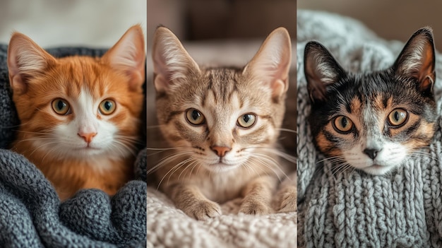 Photo three adorable pets snuggle in blankets creating a warm and inviting atmosphere