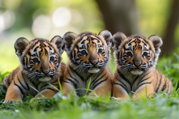 Photo three adorable tiger cubs in the grass