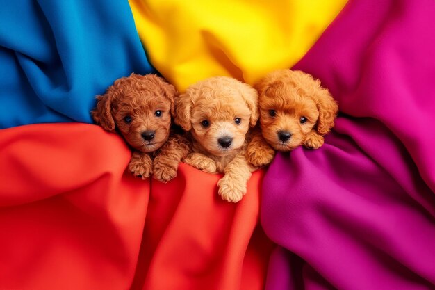 Photo three adorable toy poodle puppies with their fluffy brown fur cuddle and play on a vibrant ba