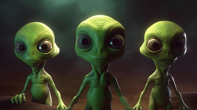 Three alien aliens are standing in a dark room.