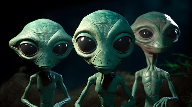 Three alien aliens are standing in front of a dark background.