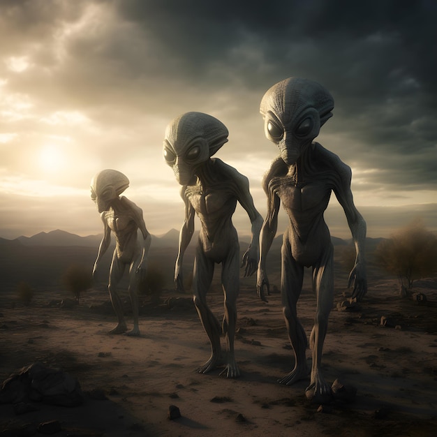 Three alien creatures are walking in a desert with a cloudy sky in the background.