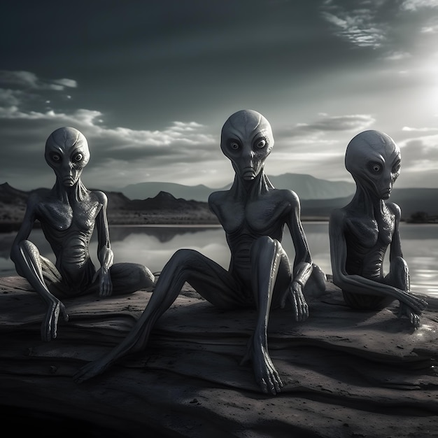 Three alien statues sit on a rock with the sun behind them.