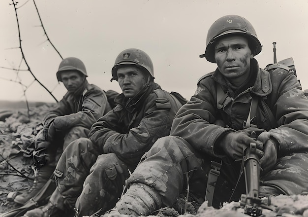 Three American soldiers in a foxhole during the Battle of the Bulge