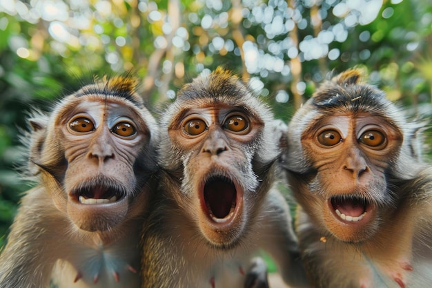 Photo three amusing monkeys making funny faces at the camera