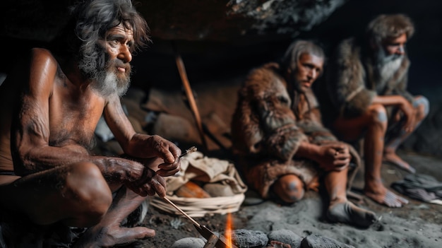 Photo three ancient humans gather around a fire inside a cave showcasing their survival skills and communal life in a prehistoric setting