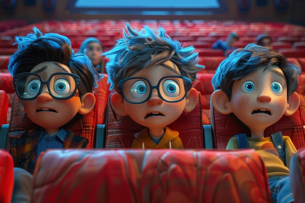 Photo three animated boys sit in theater seats watching a movie with concerned expressions on their faces