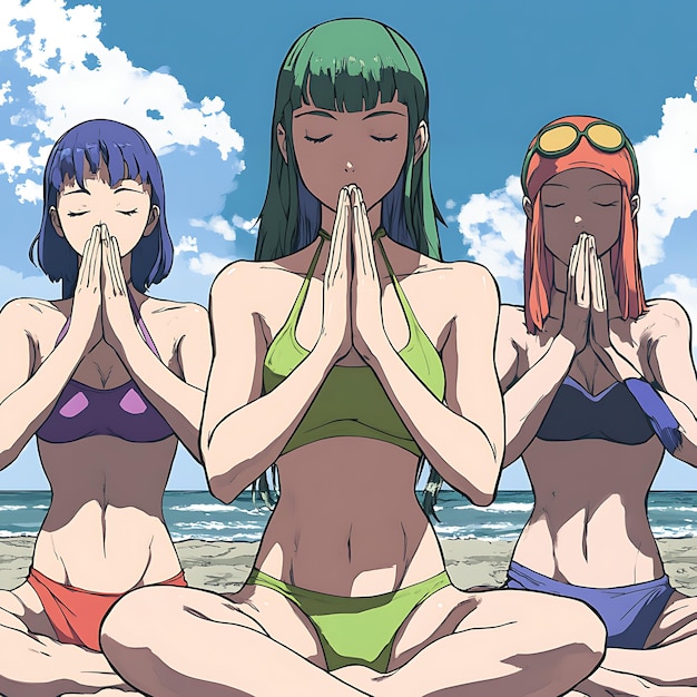 Photo three anime girls meditating on the beach