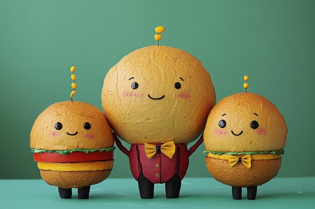 Photo three anthropomorphic burger characters with a green background