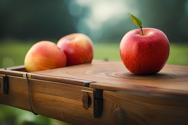 Three apples on a table with a green leaf on the side