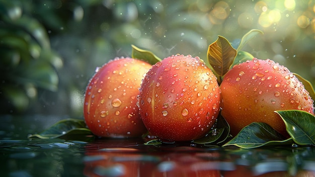 Photo three apples on a wet surface with water drops on them