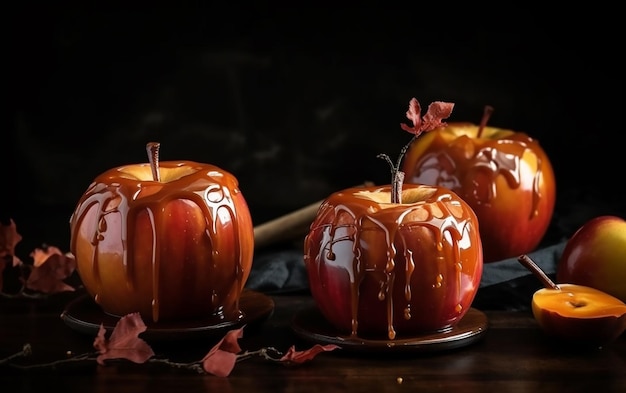 Three apples with caramel sauce on a black background