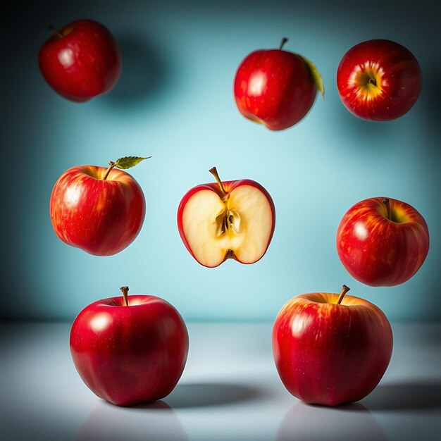 Photo three apples with leaves that have water droplets on them