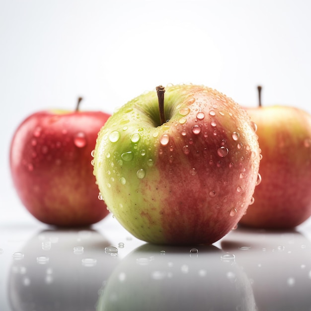 Three apples with water droplets on them and one has a red and green apple on it.