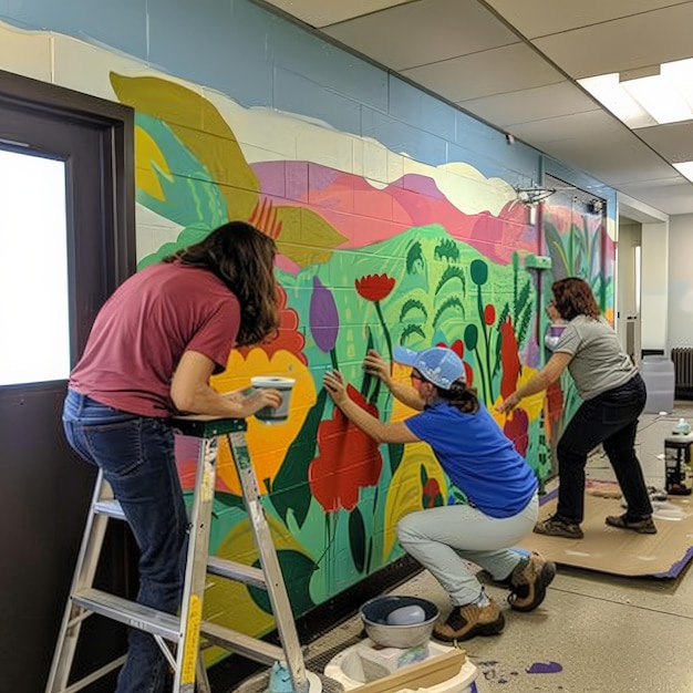 Photo three artists painting a colorful mural on a wall inside a building creating vibrant and creative artwork together