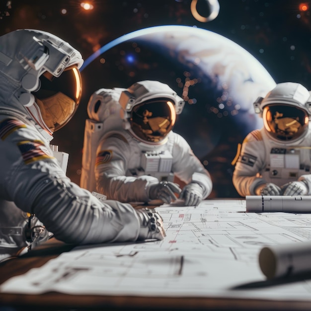 three astronauts are looking at a map of space