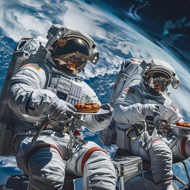 three astronauts are posing in front of a planet