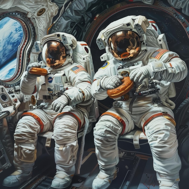 three astronauts are sitting in a space ship