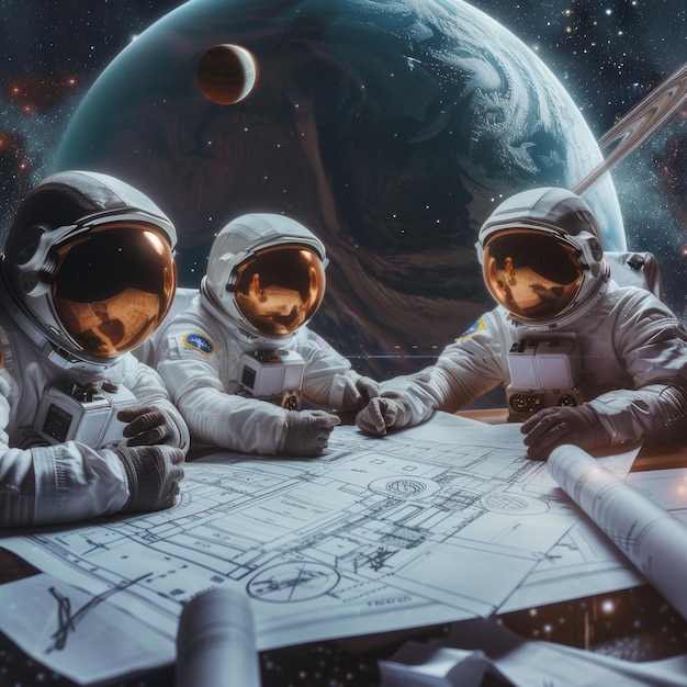 three astronauts are sitting on a space station with a space ship in the background