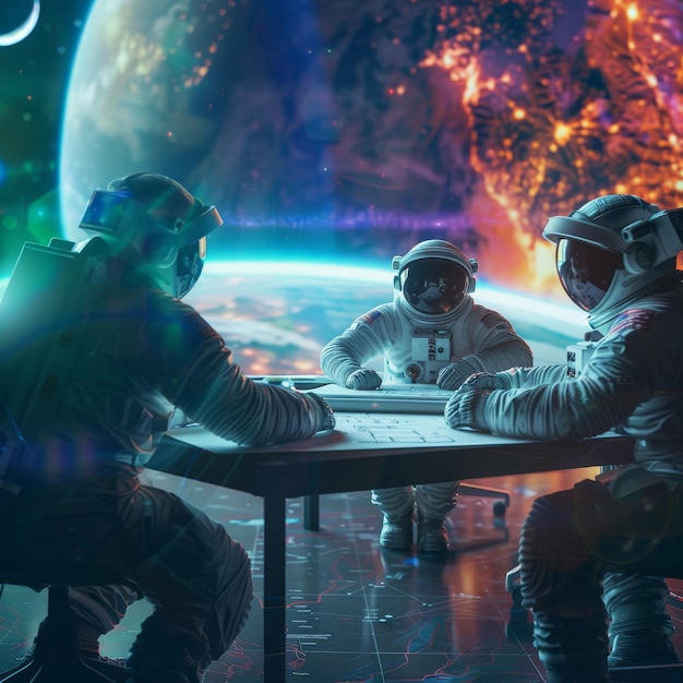 Photo three astronauts are sitting at a table and one has the space in the background