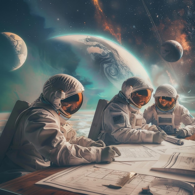 three astronauts are sitting on a table and one has a space ship in the background