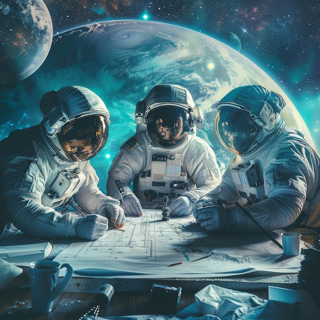 three astronauts are sitting on a table and one says space mission