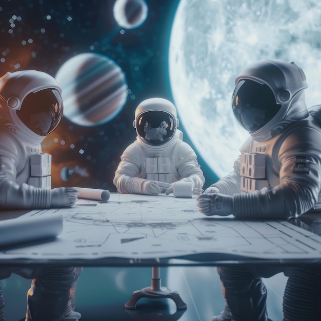 three astronauts are sitting at a table with the planet behind them