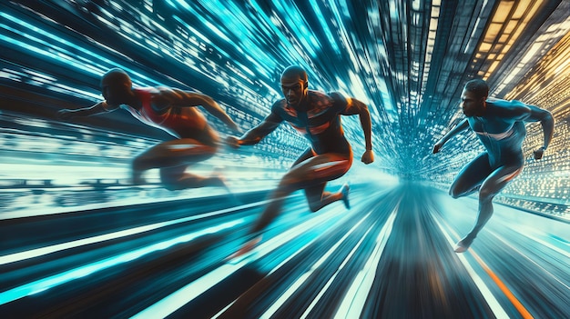 Photo three athletes running in a fastpaced futuristic environment