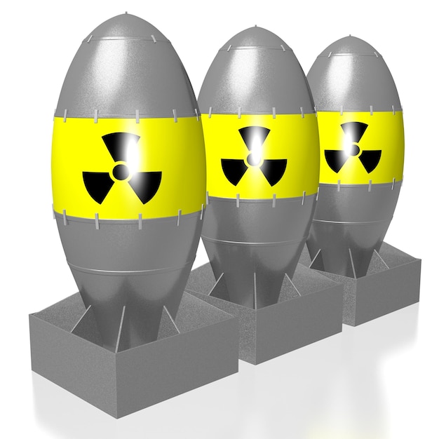 Photo three atomic bombs with radioactivity signs isolated on white background