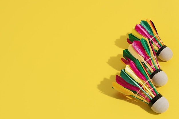 Three badminton shuttlecocks with multicolored feathers