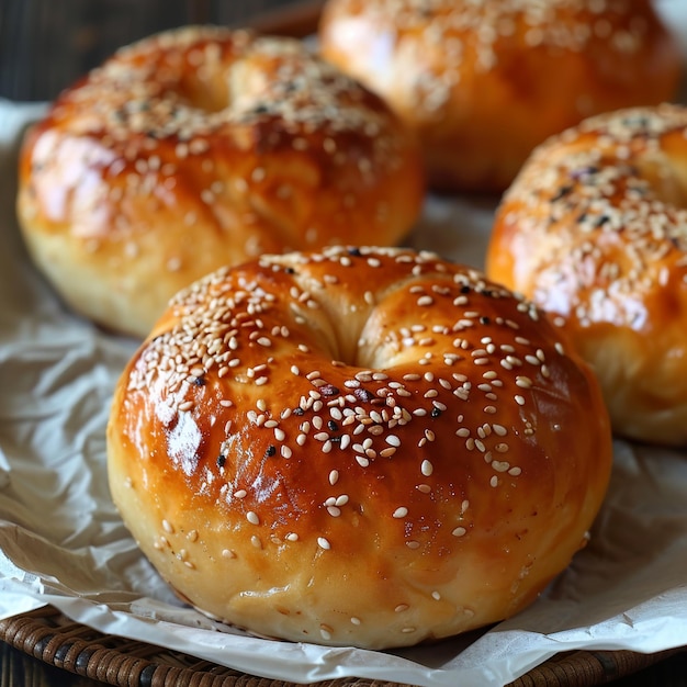 three bagels with sesame seeds on a basket and a basket of bread