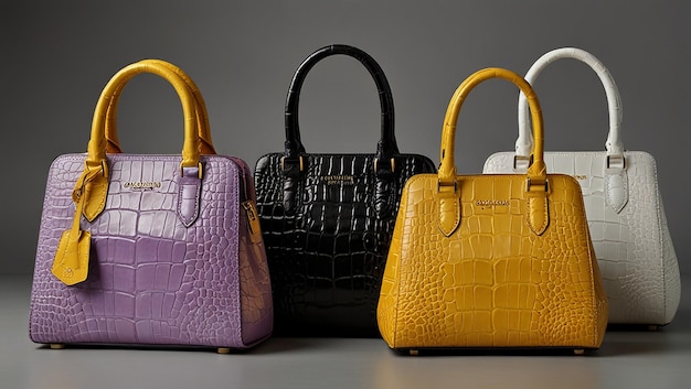 three bags of different colors one of which has a purple and yellow handbag