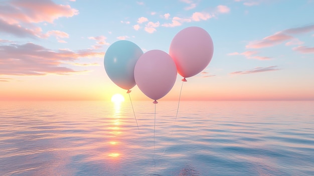 Photo three balloons float above a serene ocean during a colorful sunset creating a peaceful and uplifting atmosphere