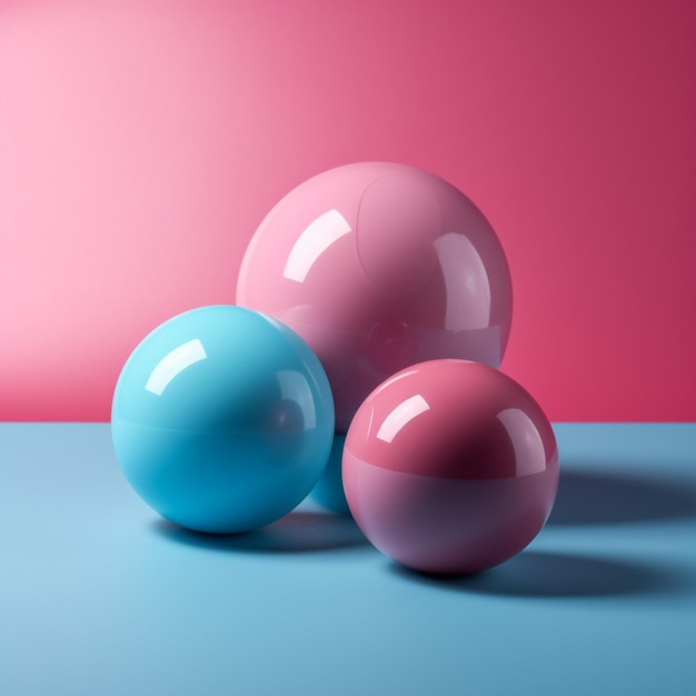 Three balls are on a blue table with a pink background.